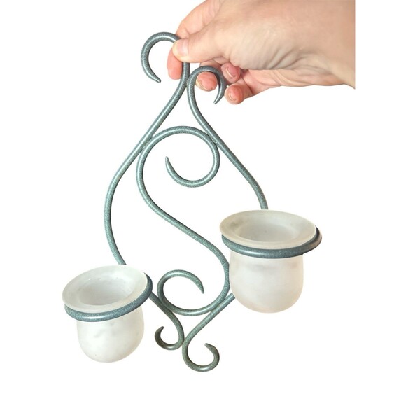 Partylite Candle Holders Scroll Sconce Green Wrought Iron Frosted Votive Holders - Picture 3 of 11
